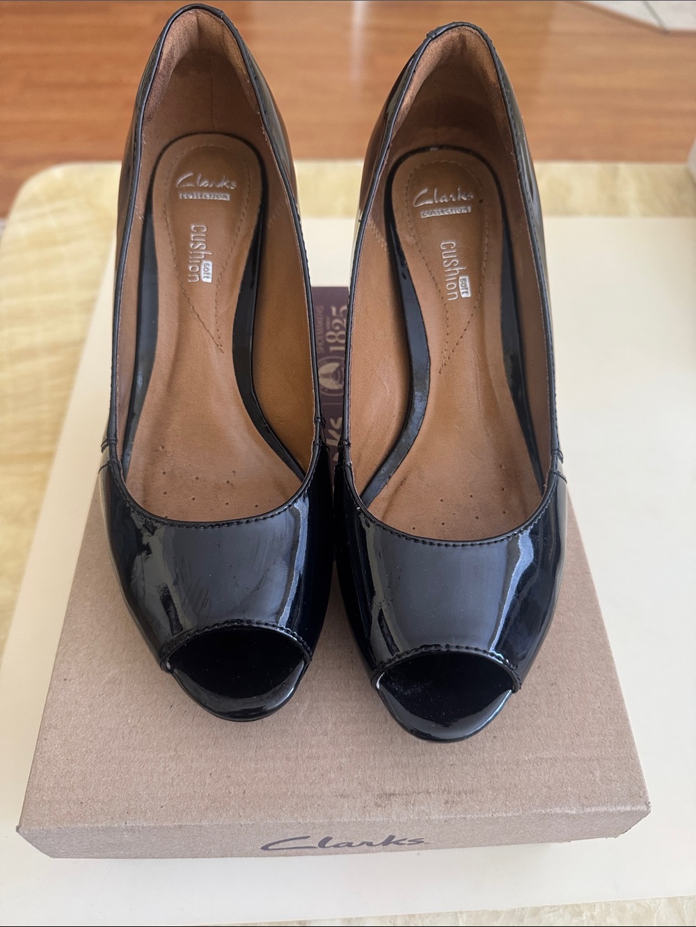 Clarks Black Patent Leather Peep-Toe Heels